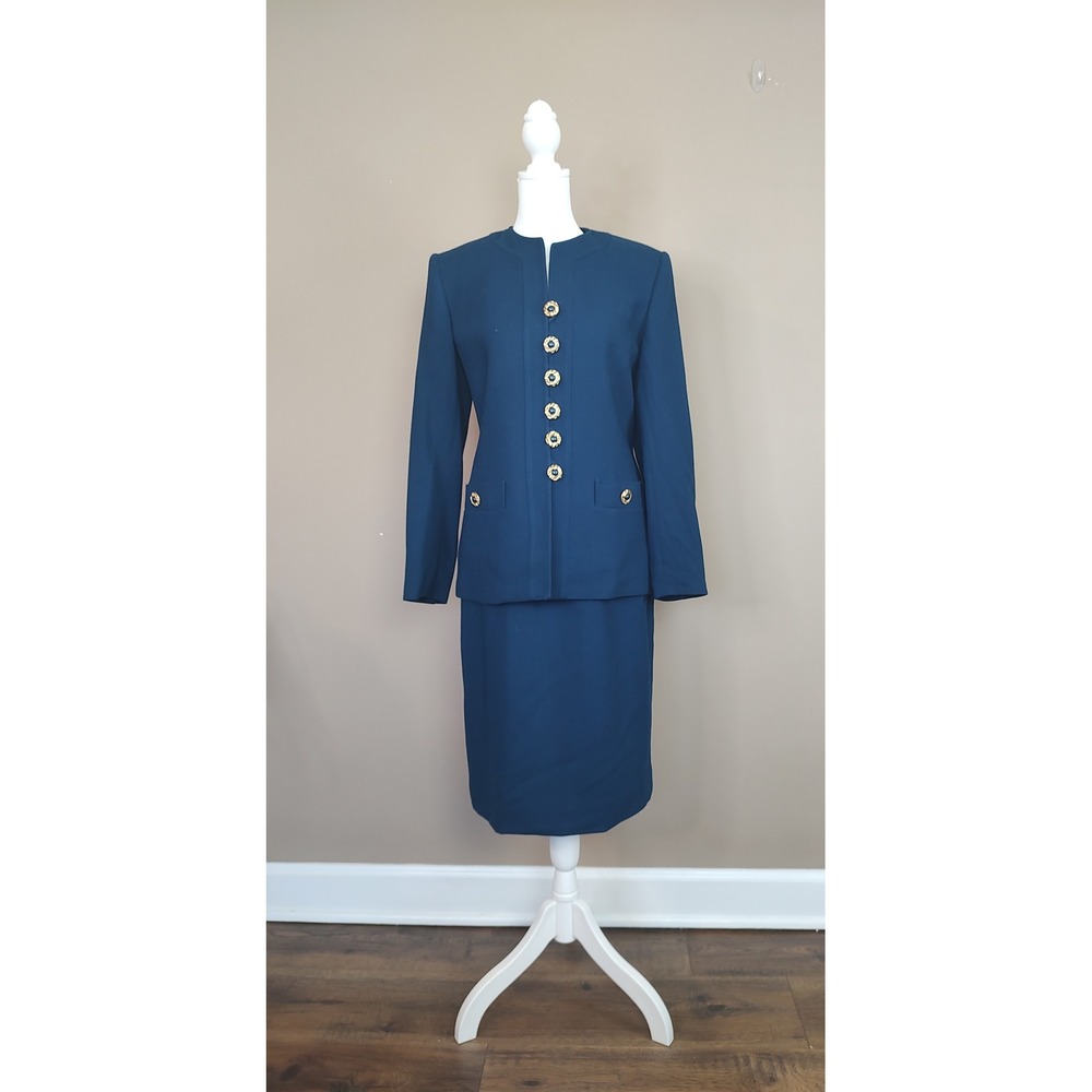 Herbert Grossman Cynthia‎ Sobel Vintage Teal Wool Skirt Suit Set Size 4 USA
